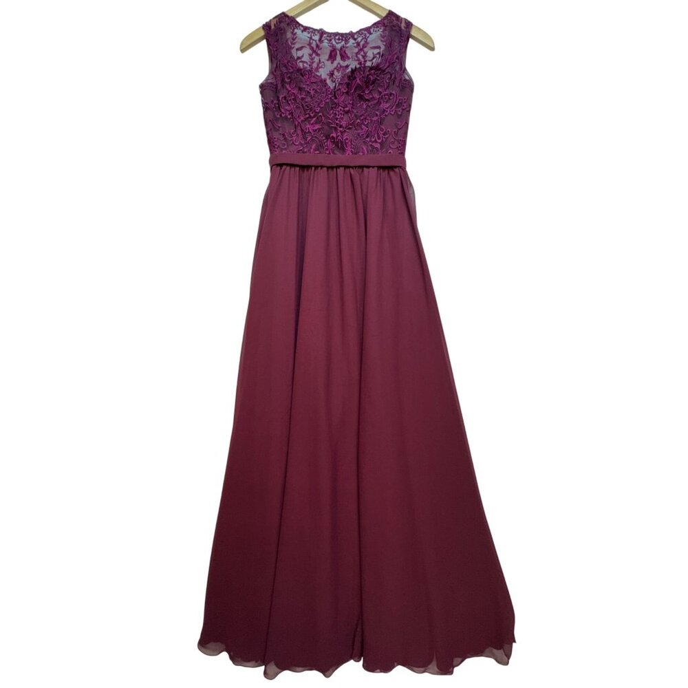 Kennedy Blue Lace Maxi Bridesmaid Dress Size 4 Burgundy Wedding Formal Slit Chic